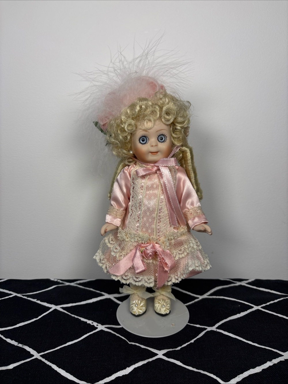 Creepy Small Porcelain Doll Pink Satin Lace Blonde Curls 8" Collectible 🎀